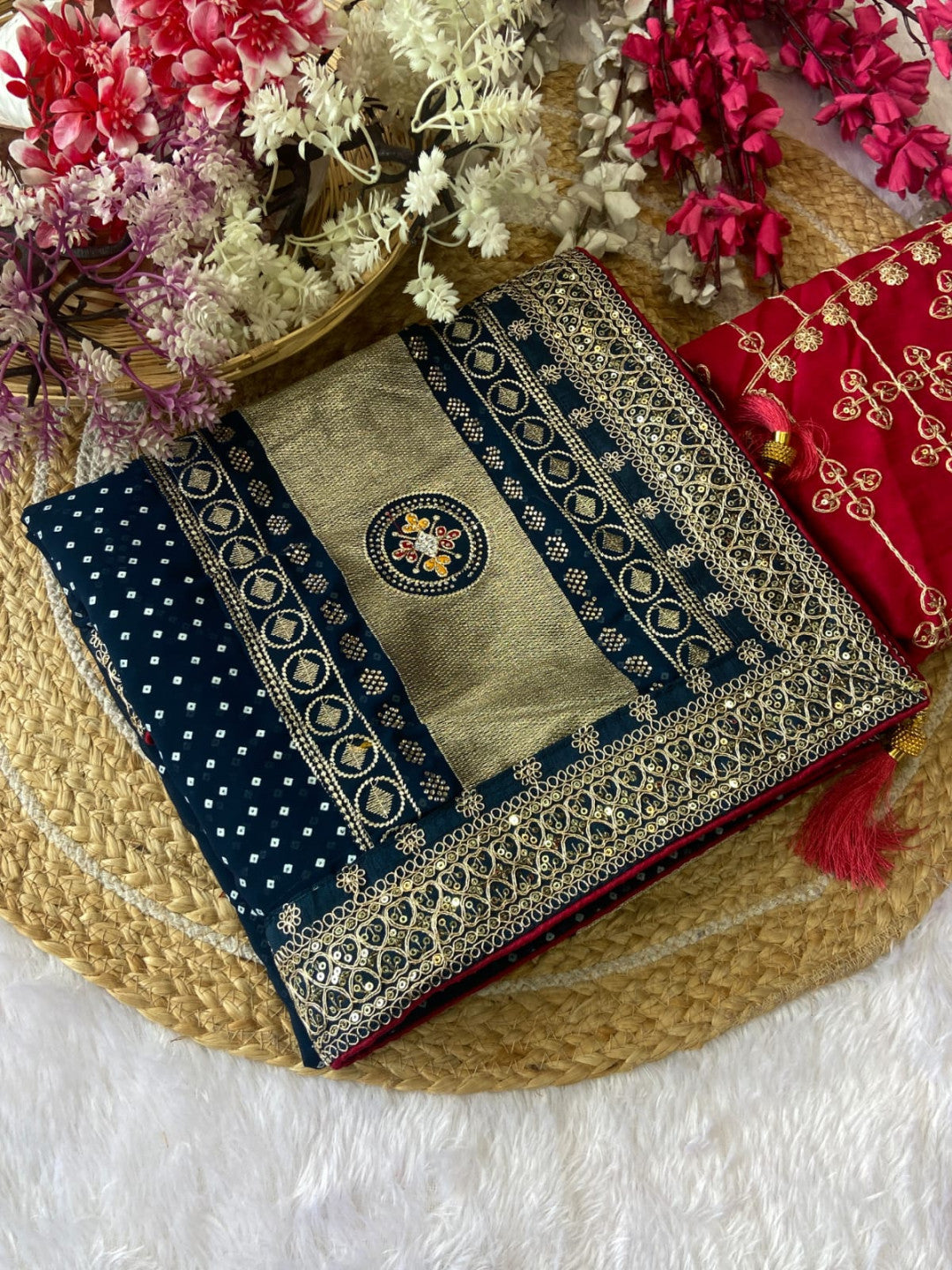 Navy Blue Vichitra Silk Saree With Khadi Bandhej Heavy Pallu With Hotpcs C Pallu Work