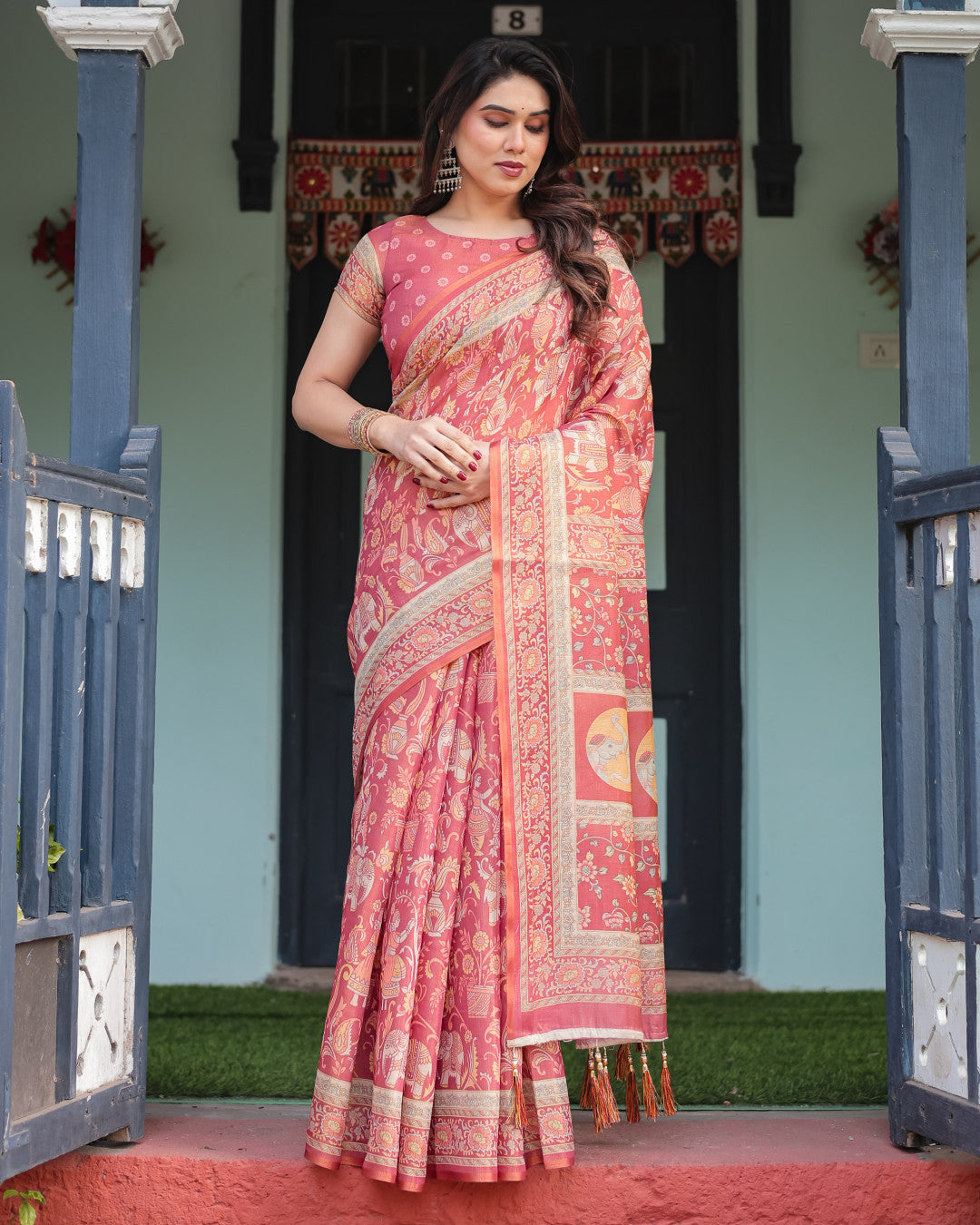 Kalamkari Digital Printed Linen Cotton Saree