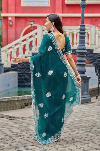 Rama Green Fancy Shimmer Chiffon Saree With Embroidery Work