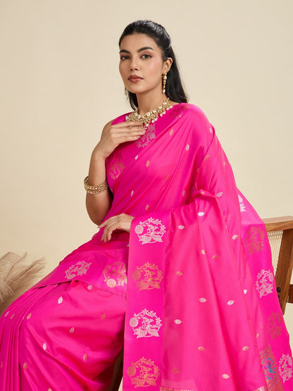 Rani Pink Kanjivaram Silk Saree With Zari Weaving Butta Border & Designer Rich Paithani Pallu