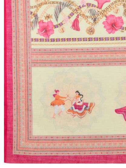 Off White Linen Cotton Saree With Digital Printed Work And Silver Zari Border