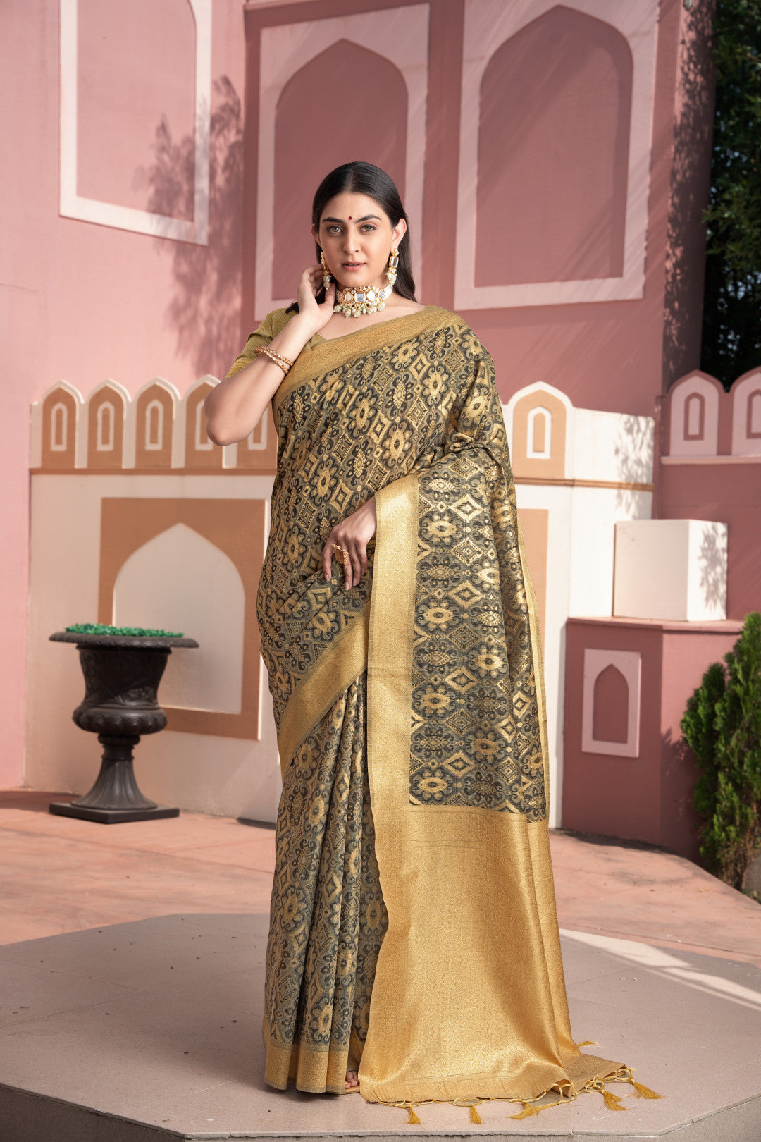 Brown Cotton Ikkat Silk Saree With Zari Woven Work