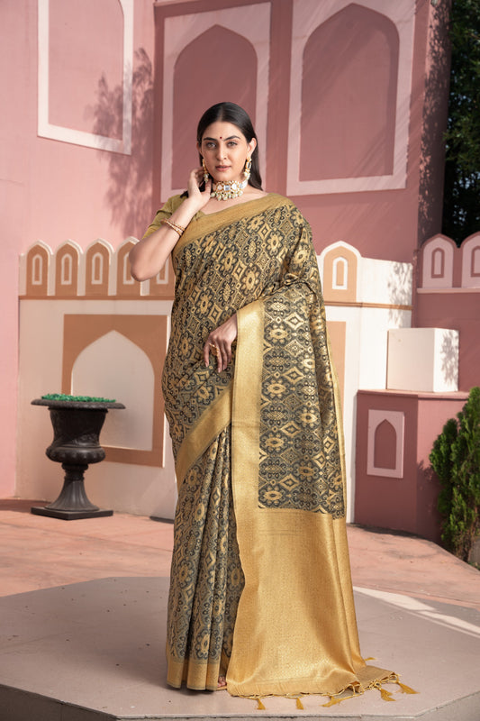 Brown Cotton Ikkat Silk Saree With Zari Woven Work