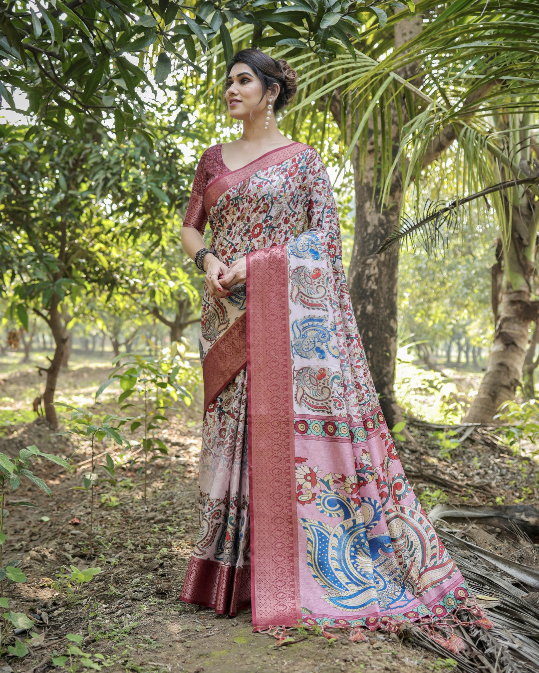 Multi Fancy Kalamkari Digital Printed Tussar Silk Saree