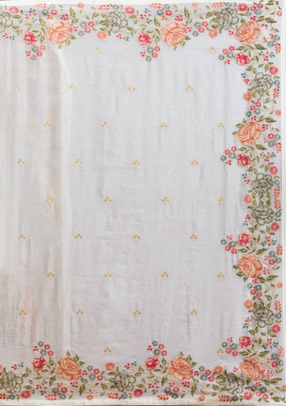 White Fancy Crunchy Silk Saree With Multi Thread Work And Piping Lace Border