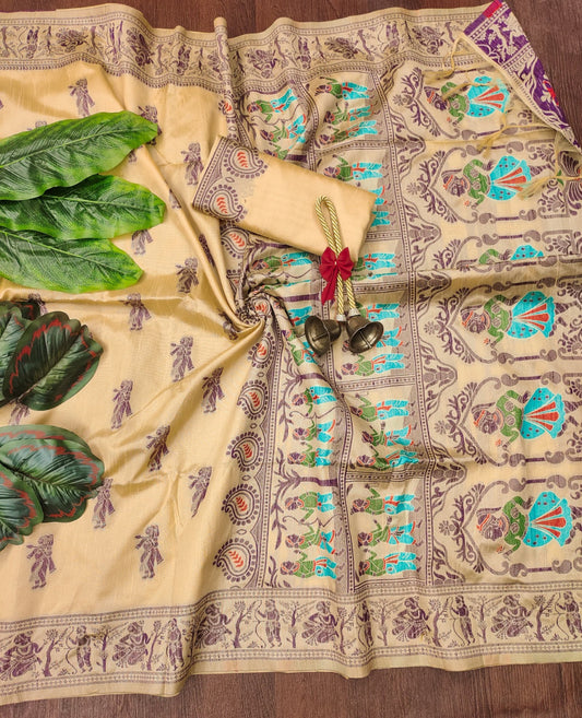 Cream Traditional Handloom Raw Silk Saree With Woven Design