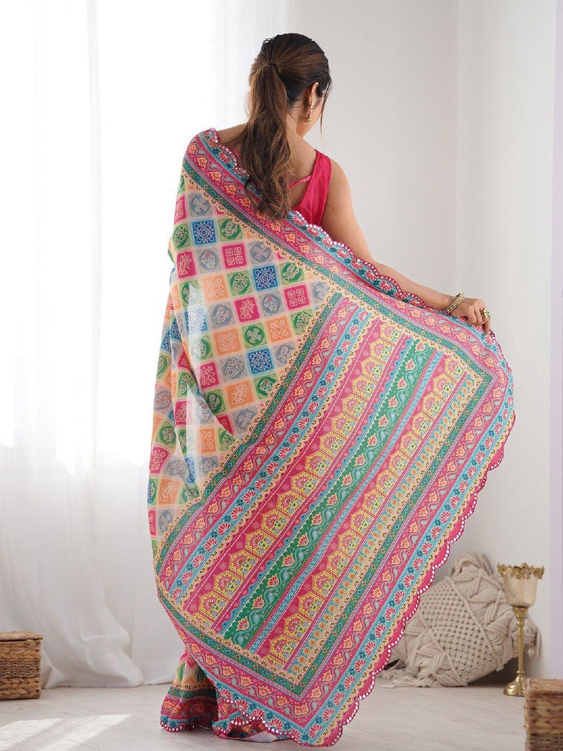 Multi Color Georgette Saree With Printed And Mirror Work With Arco Border