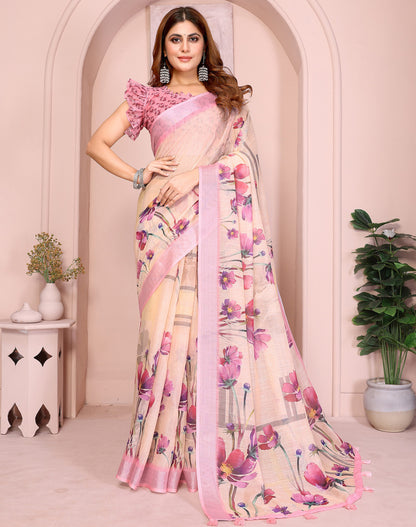 Light Yellow Linen Cotton Saree With Digital Printed Work And Silver Zari Border