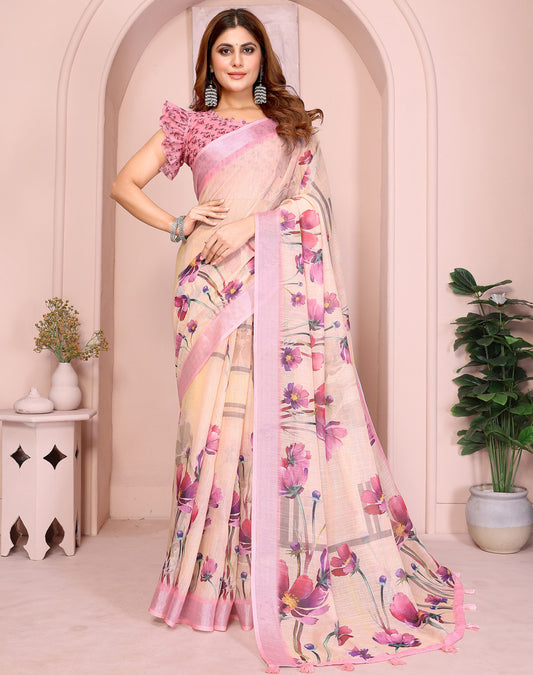 Light Yellow Linen Cotton Saree With Digital Printed Work And Silver Zari Border