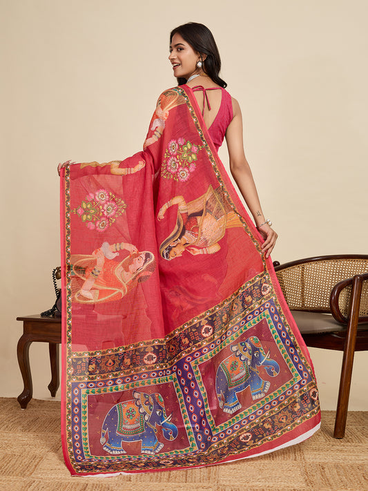 Red Linen Cotton Saree With Digital Printed Work And Silver Zari Border
