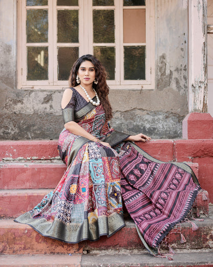 Multi Digital Kalamkari Printed Tussar Silk Saree With Zari Motif Border