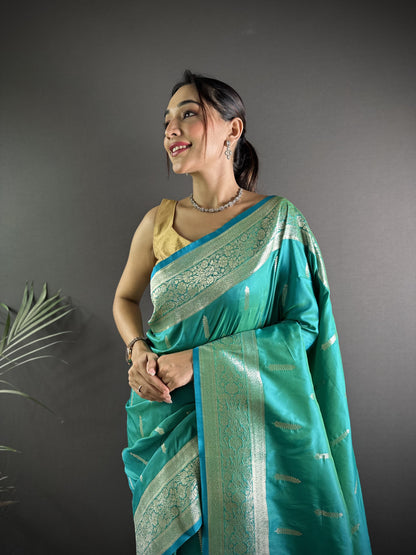 Rama Green Soft Banarasi Silk Saree With Zari Weaving Work