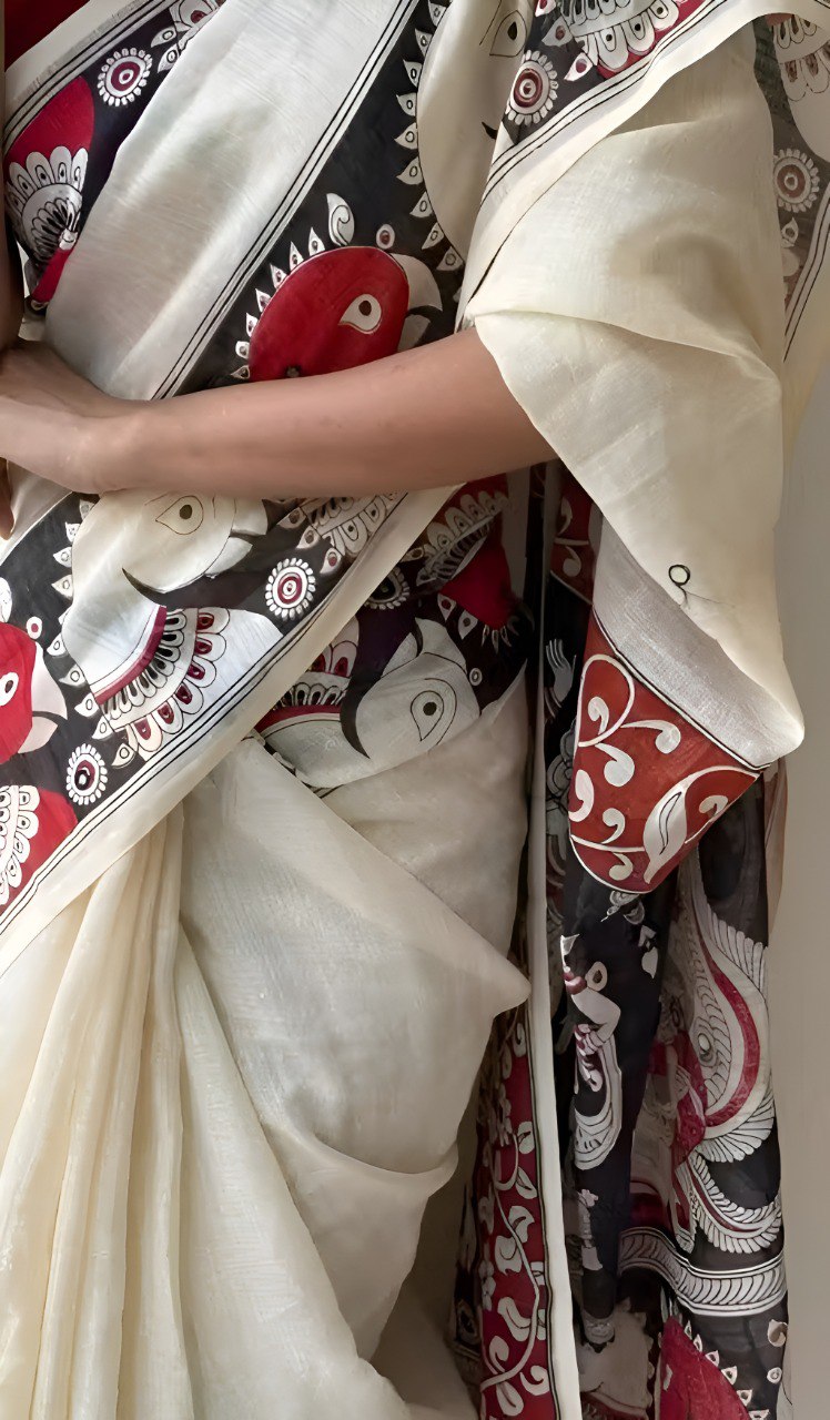 Off White Colour Chanderi Cotton Saree With Digital Printed Work