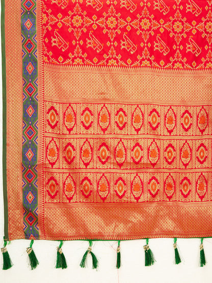 Red Color Patola Silk Saree With Zari Weaving Work