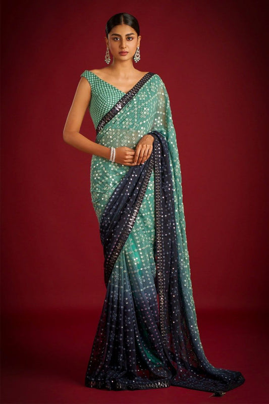 Multi Colour Georgette Saree With Coding Sequence Zari Embroidery Work Border