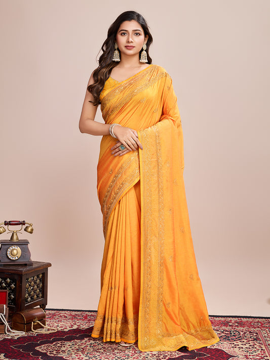 Fancy Yellow Soft Vichitra Silk Saree With Embroidery Work