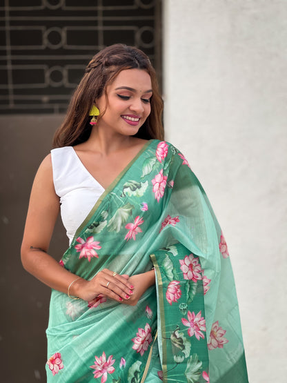Sea Green Pichwai Printed Chanderi Cotton Saree