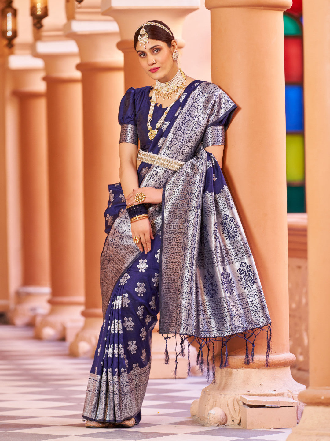 Navy Blue Color Soft Banarasi Silk Saree With Zari Weaving Work