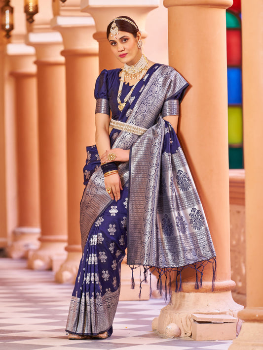 Navy Blue Color Soft Banarasi Silk Saree With Zari Weaving Work