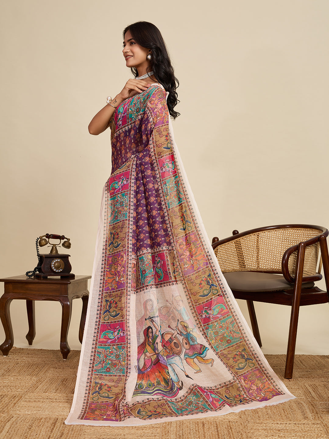 Multi Linen Cotton Saree With Digital Printed Work And Silver Zari Border