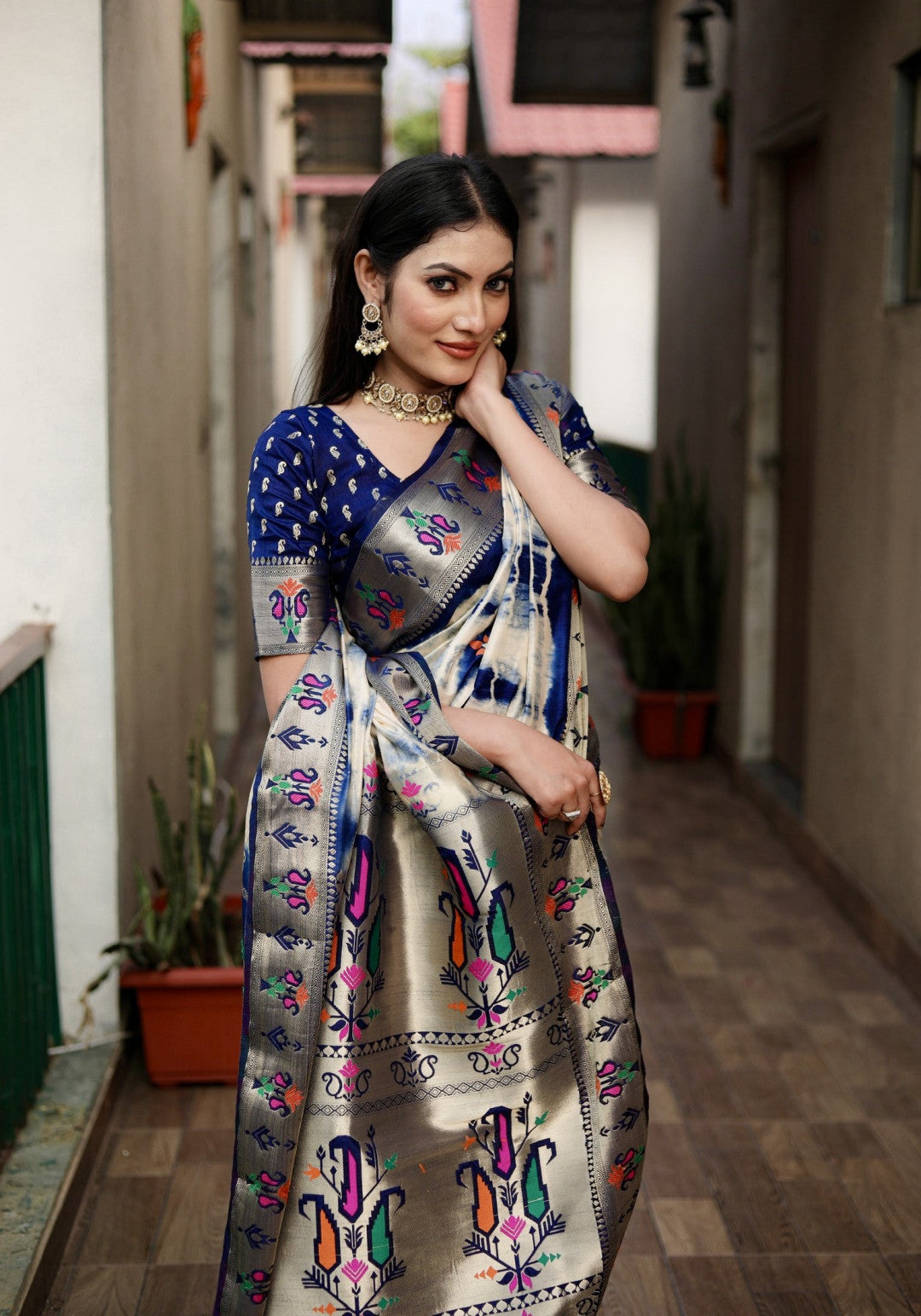 Navy Blue Color Dola Silk Saree With Shibori Print & Zari Weaving Work