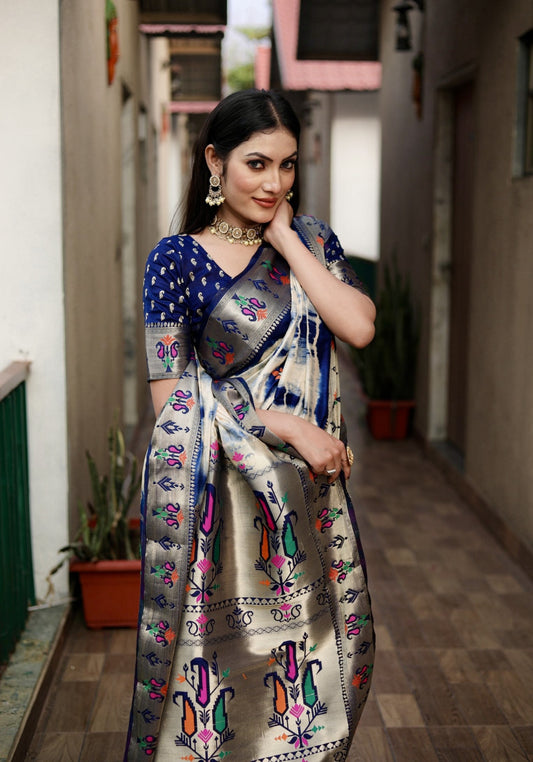 Navy Blue Color Dola Silk Saree With Shibori Print & Zari Weaving Work