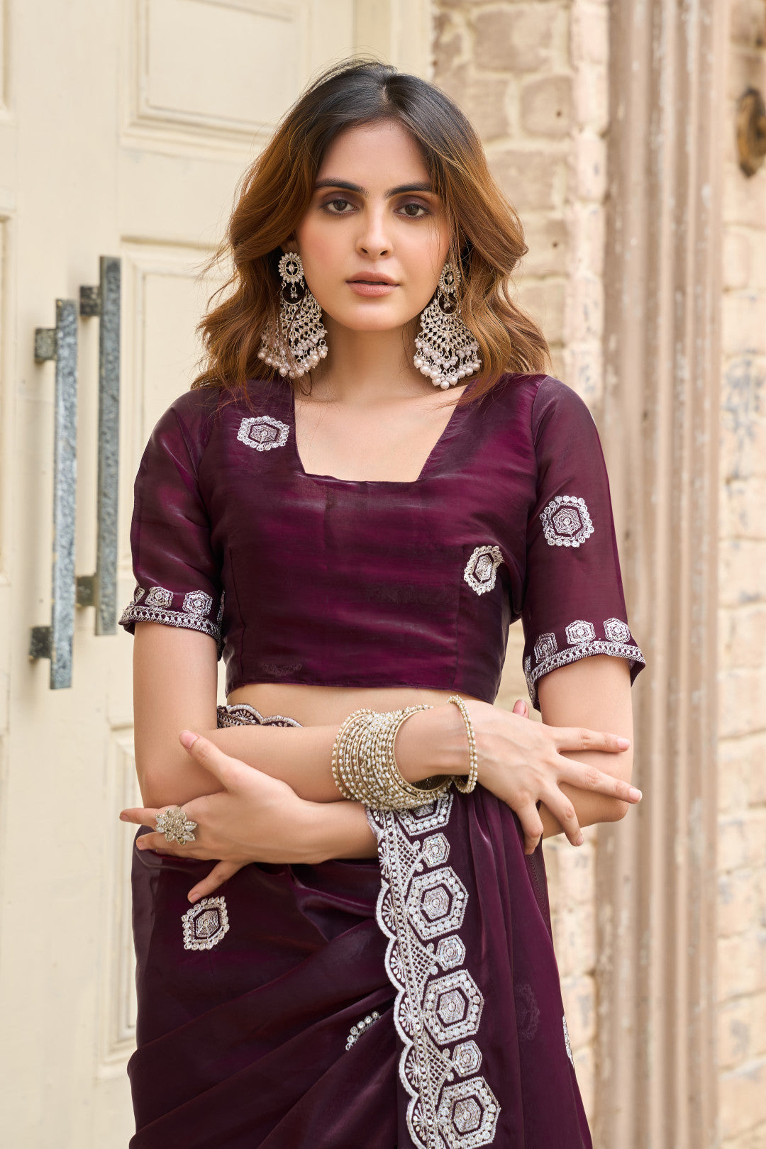 Wine Fancy Shimmer Chiffon Saree With Embroidery Work