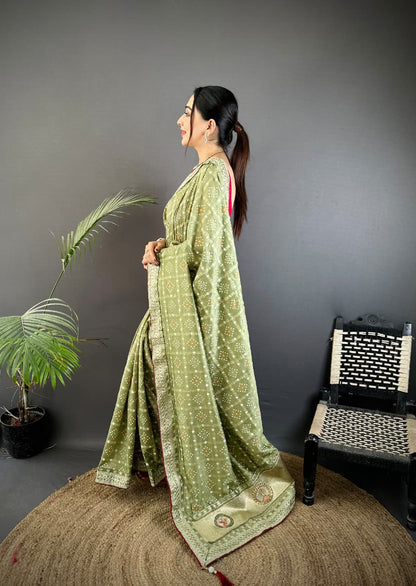 Parrot Green Traditional Blooming Vichitra Khadi Bandhej Silk Saree With Sequence Work