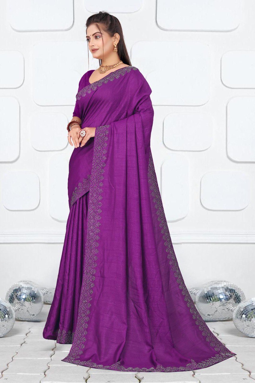 Purple Dola Silk Saree With Siroski Work Border