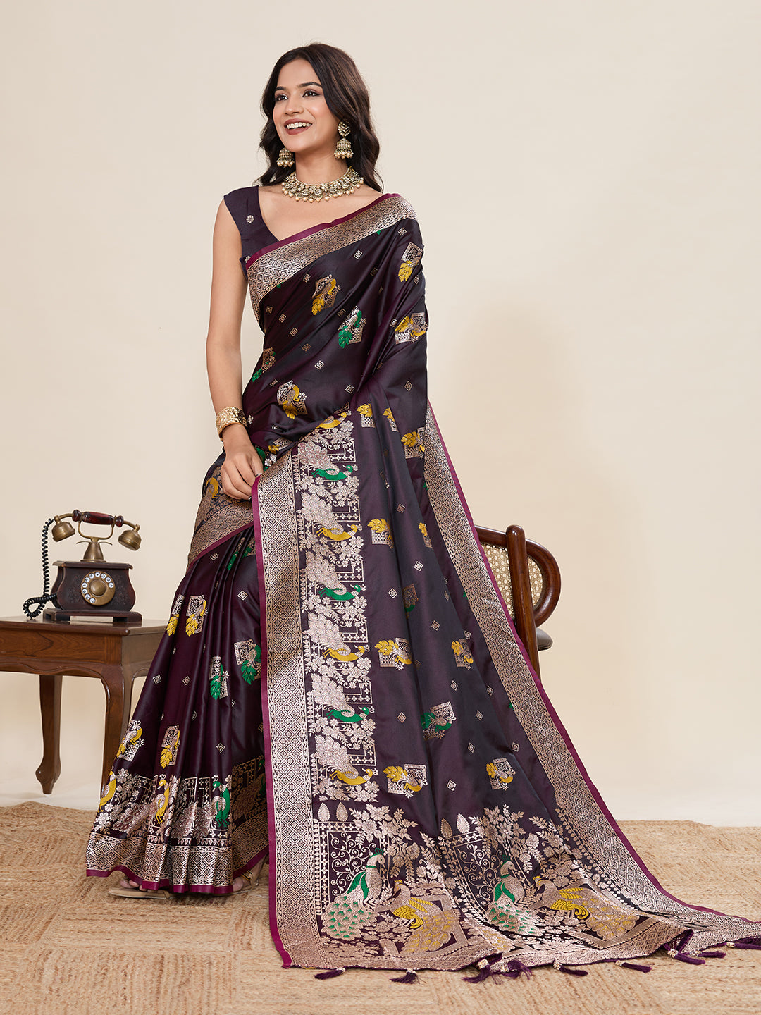 Wine Soft Satin Silk Saree With Zari Weaving Work And Paithani Pallu
