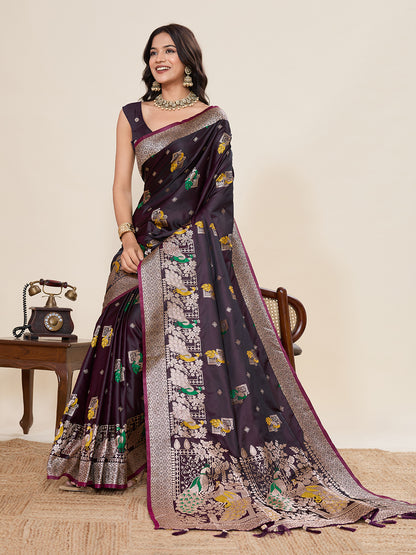 Wine Soft Satin Silk Saree With Zari Weaving Work And Paithani Pallu