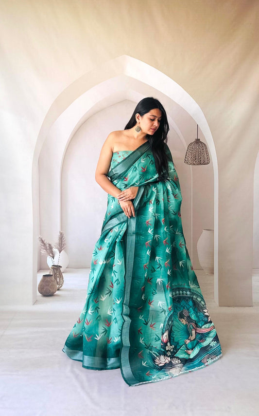 Rama Green Digital Printed Flowy Linen Cotton Saree With Madhubani Printed Pallu