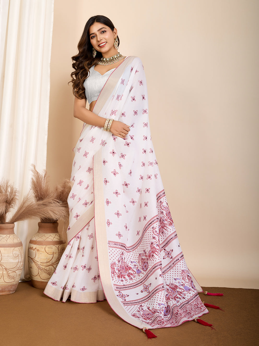 White Soft Cotton Saree With Printed Work