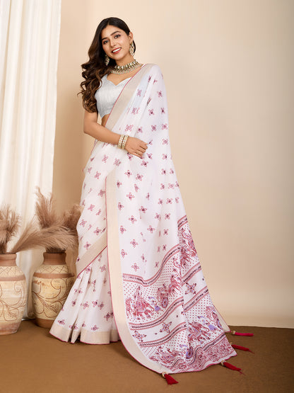 White Soft Cotton Saree With Printed Work