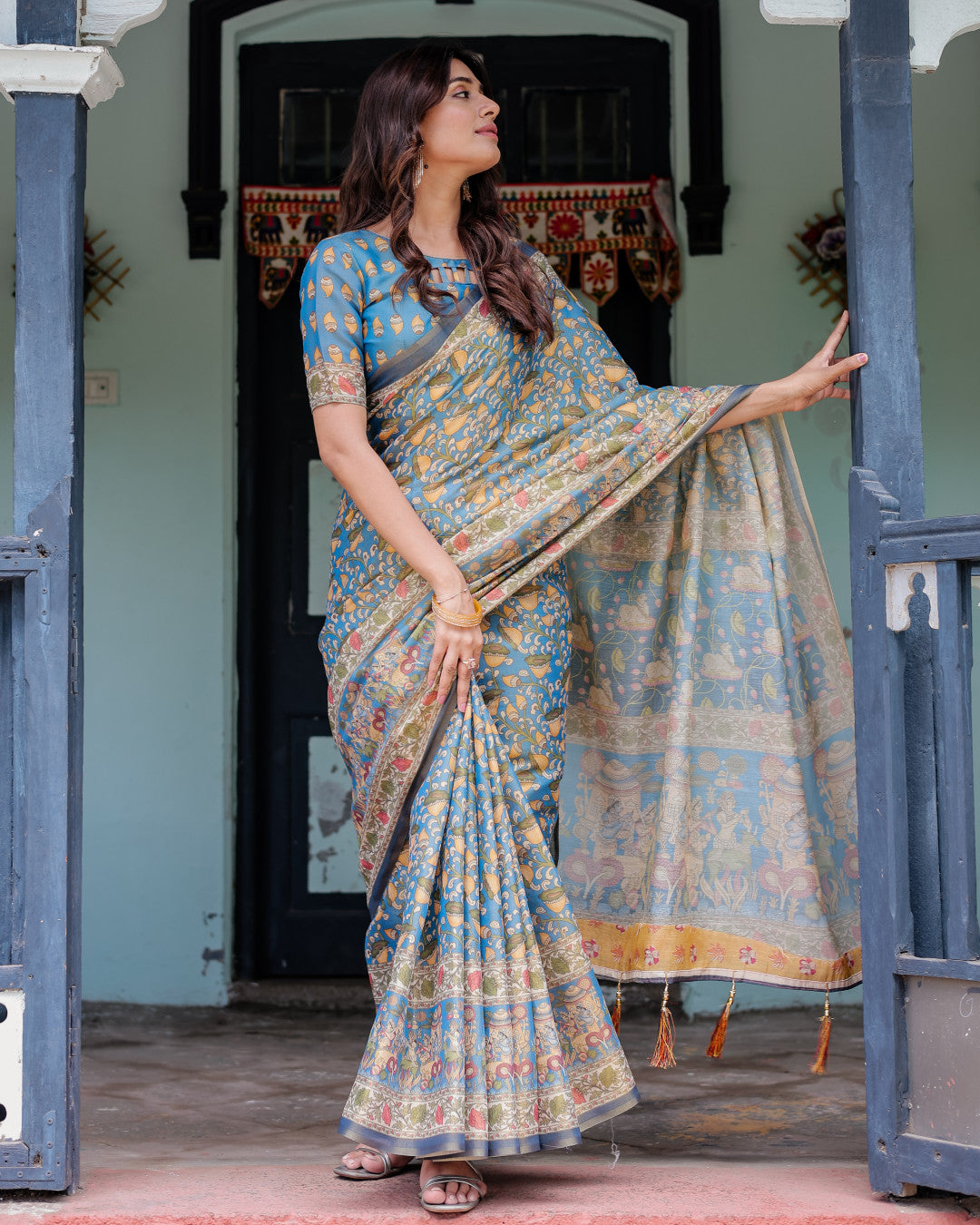 Kalamkari Digital Printed Linen Cotton Saree