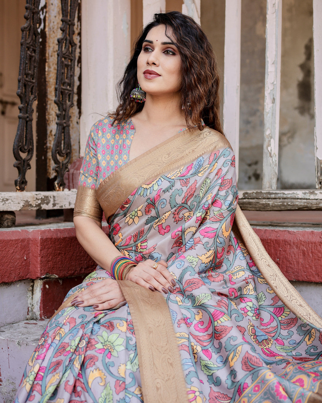 Lavender Kalamkari Digital Printed Dola Silk Saree With Gold Zari Border