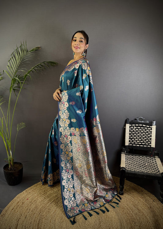 Firoji Premium Banarasi Silk Saree With Meenakari Zari Weaving Work