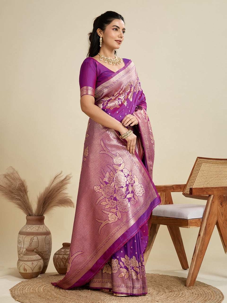 Purple Kanjivaram Silk Saree With Zari Weaving Border & Designer Rich Pallu