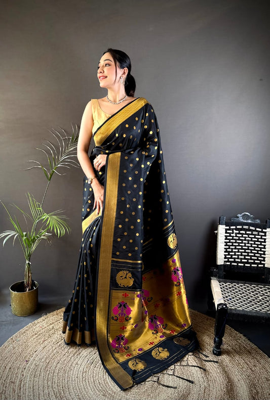 Black Traditional Paithani Silk Saree With Zari Weaving Work