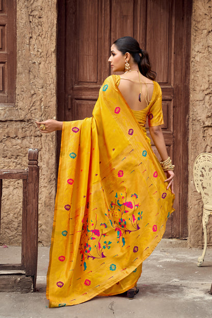 Traditional Yellow Paithani Silk Saree With Zari Weaving Work