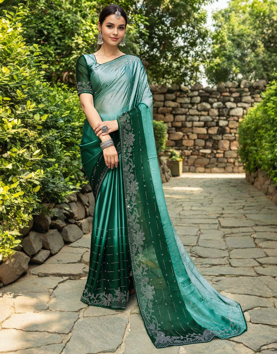 Green Rangoli Silk Saree With Beautiful Siroski Work