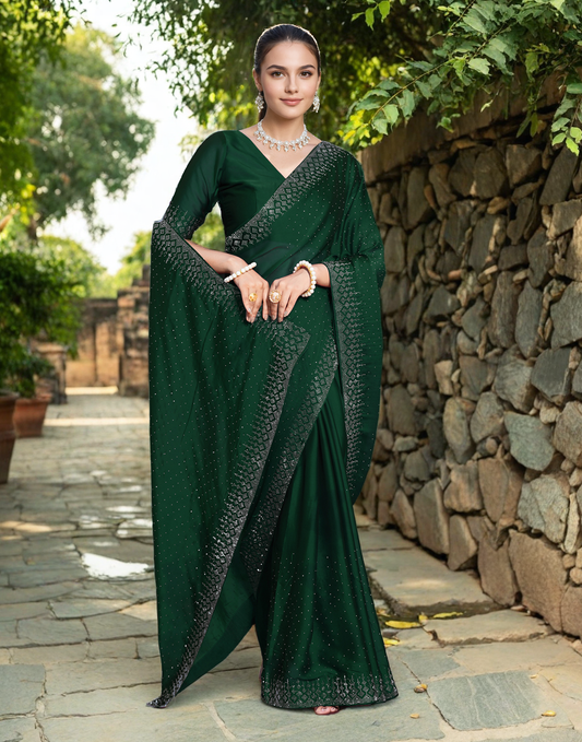 Fancy Dark Green Rangoli Silk Saree With Diamond Work