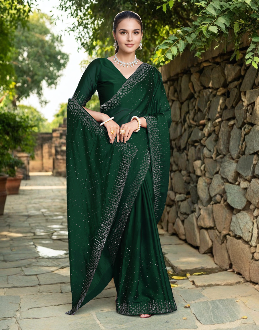 Fancy Dark Green Rangoli Silk Saree With Diamond Work