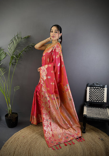 Peach Premium Banarasi Silk Saree With Meenakari Zari Weaving Work