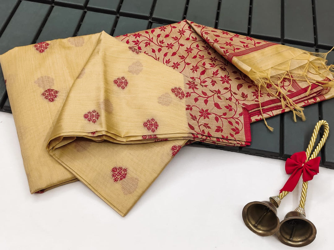Beige Color Khadi Raw Silk Saree With Jamdani Weaving Border