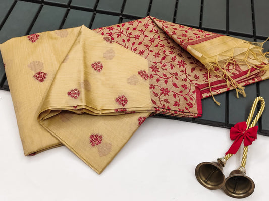 Beige Color Khadi Raw Silk Saree With Jamdani Weaving Border