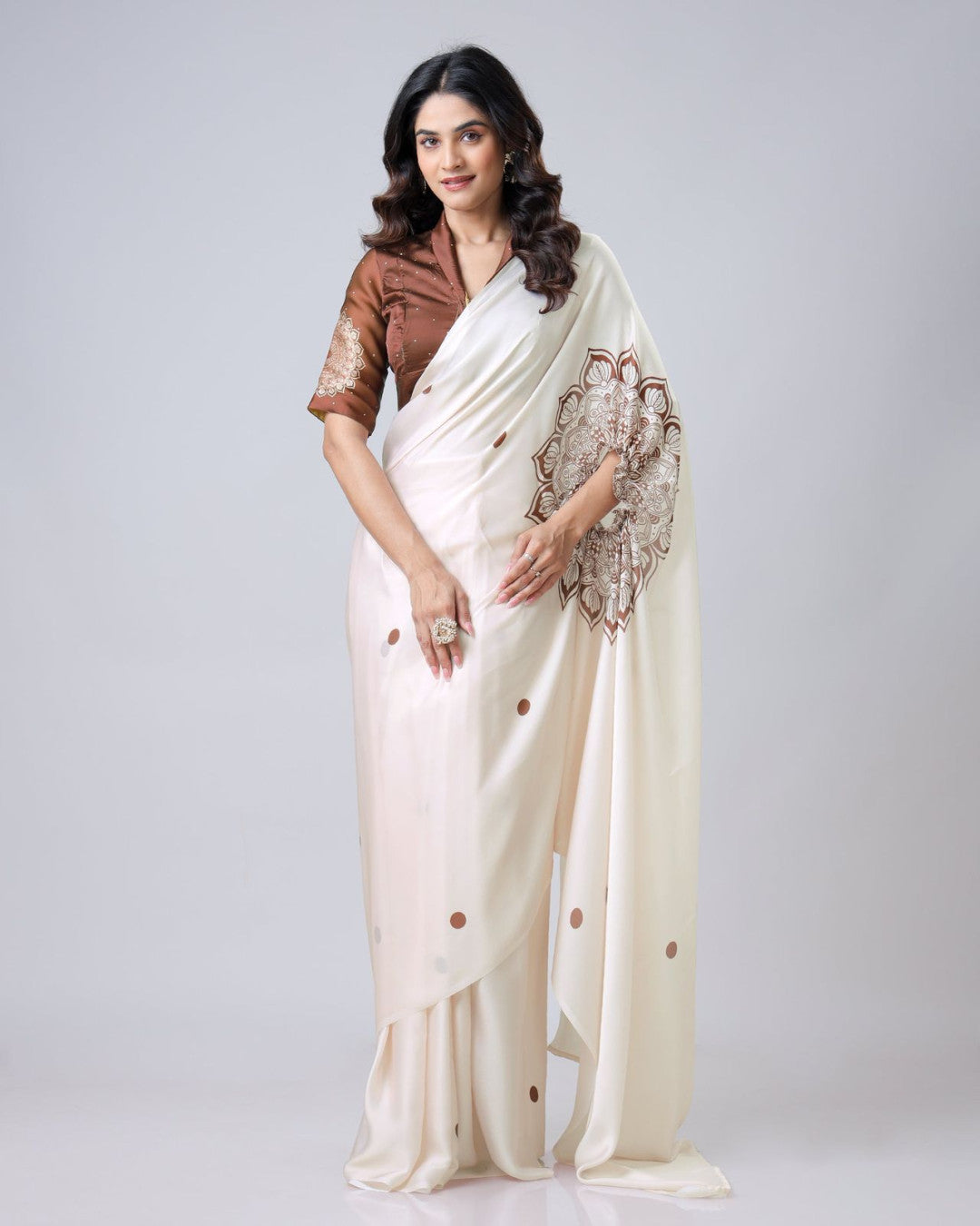 Cream Fancy Satin Georgette Ready To Wear Saree With Freehand Printed Work