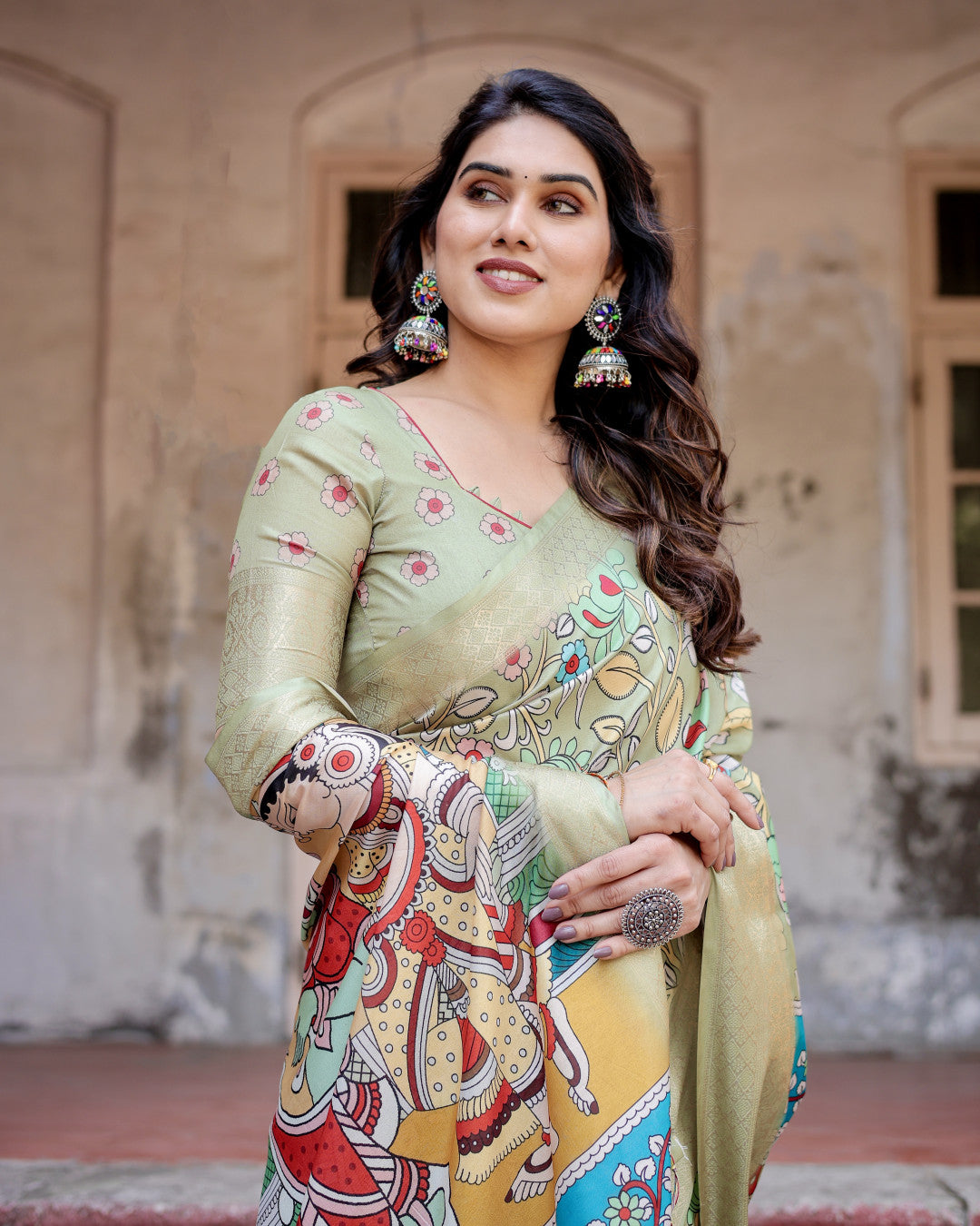 Pista Green Kalamakari Digital Printed Tussar Silk Saree With Zari Motif Border