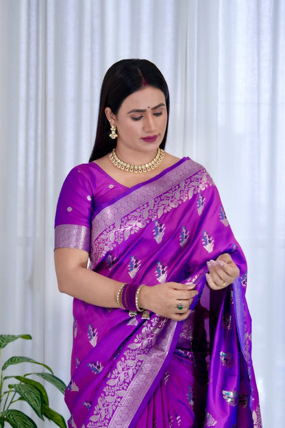 Purple Pure Soft Banarasi Saree With Meenakari Weaving Work