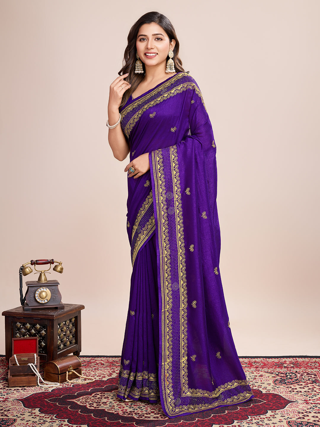 Fancy Purple Soft Vichitra Silk Saree With Embroidery Work